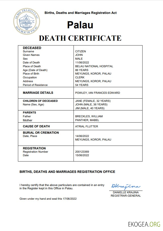Modèle Word et PDF de certificat de décès de l'état civil des Palaos